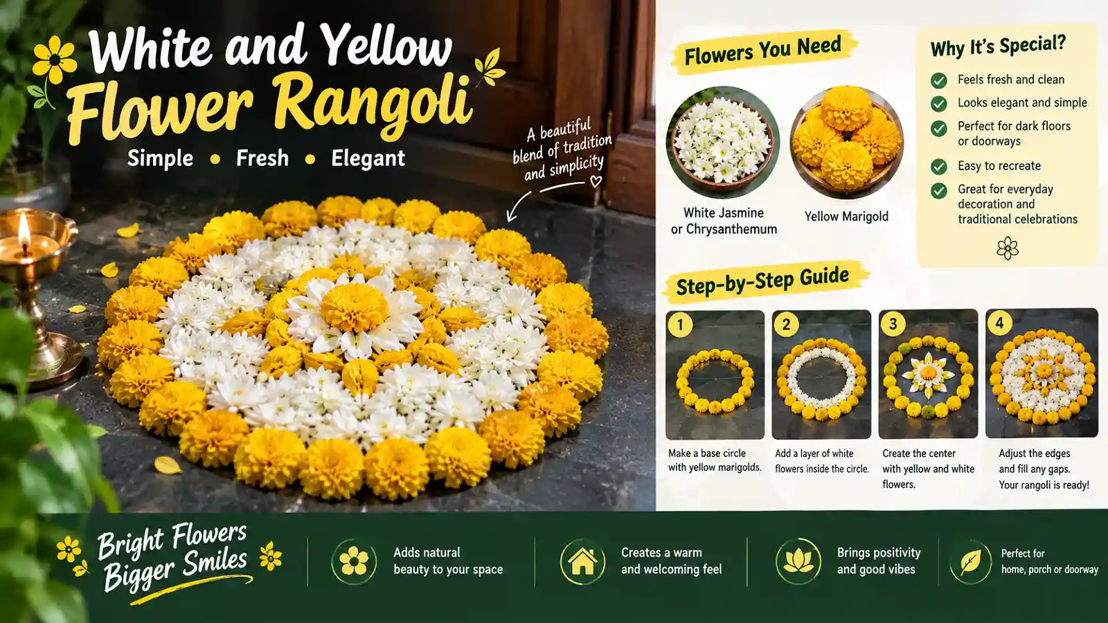 White and yellow flower rangoli with jasmine and marigold flowers