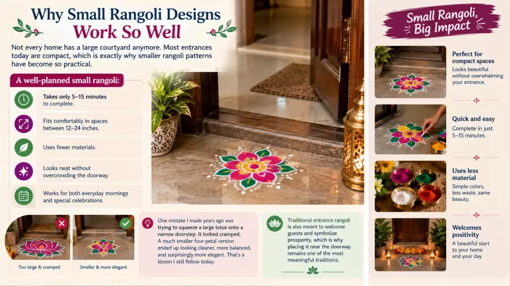 Small colorful rangoli at a compact home entrance showing its practical benefits